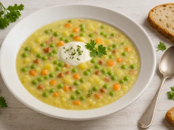 Sächsische Kartoffelsuppe mit Erbsen, Möhren, Speck und saurer Sahne in weißem Teller, serviert mit Brot und frischen Kräutern auf hellem Holztisch