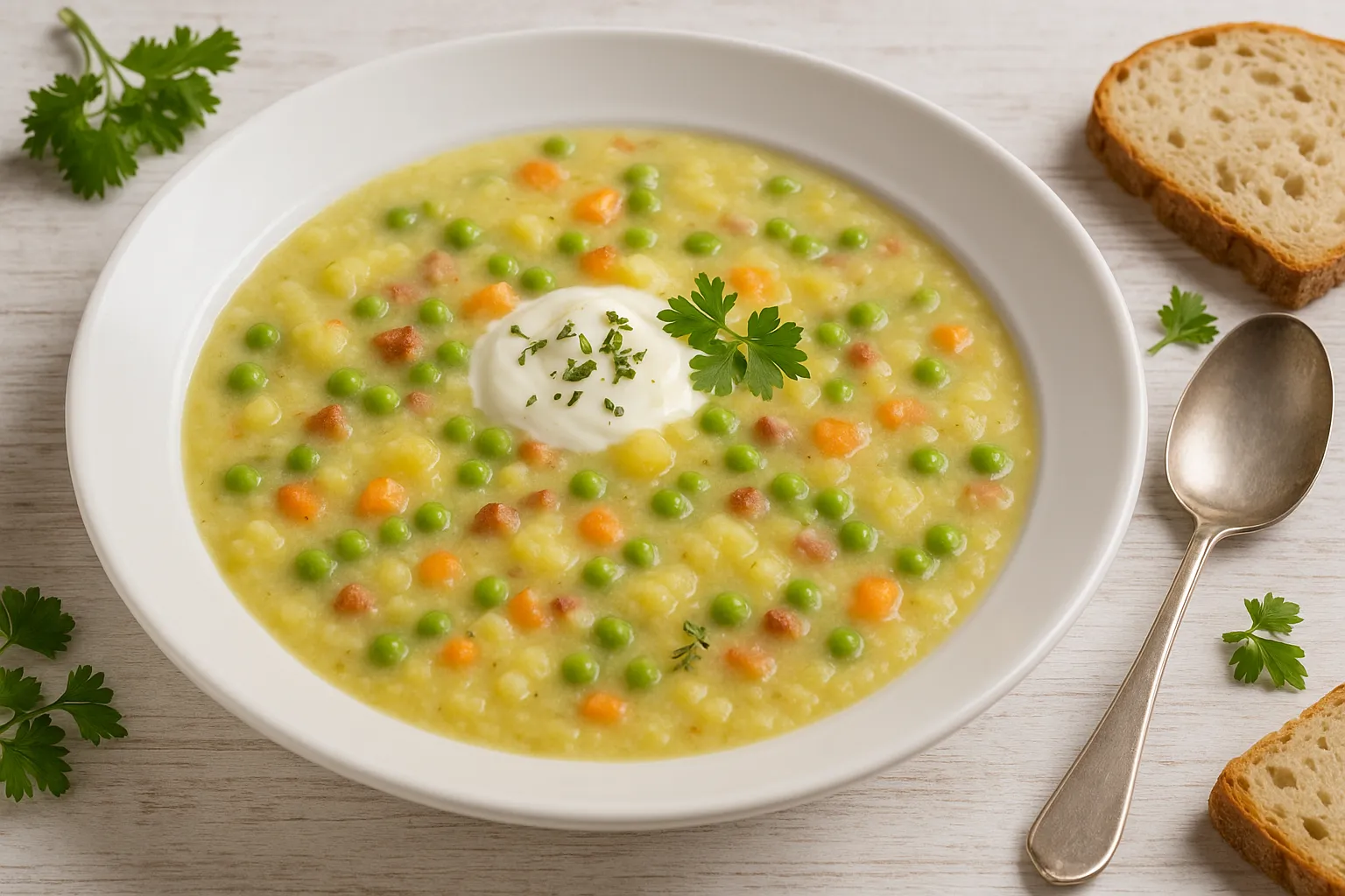 Sächsische Kartoffelsuppe mit Erbsen, Möhren, Speck und saurer Sahne in weißem Teller, serviert mit Brot und frischen Kräutern auf hellem Holztisch