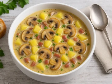 Sächsische Pilzsuppe mit Kartoffeln, Speck, Sahne und Portwein in weißer Suppenschüssel auf hellem Holztisch mit Kräutern und Brot
