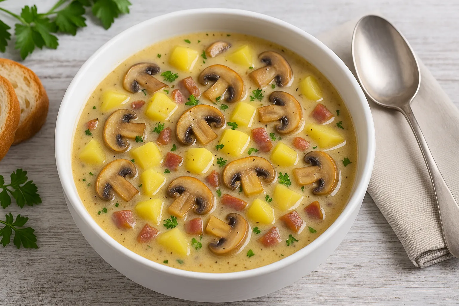 Sächsische Pilzsuppe mit Kartoffeln, Speck, Sahne und Portwein in weißer Suppenschüssel auf hellem Holztisch mit Kräutern und Brot