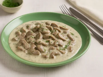 Gebratene Nierchen in cremiger Sahnesoße, serviert auf einem grünen Teller mit frischen Kräutern