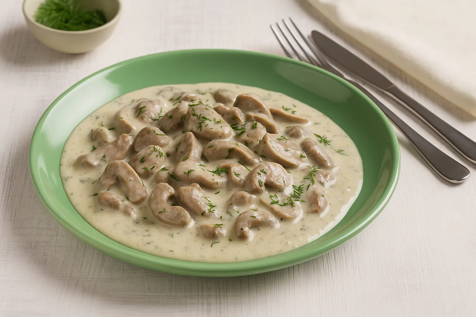 Gebratene Nierchen in cremiger Sahnesoße, serviert auf einem grünen Teller mit frischen Kräutern