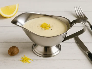 Sahnesoße mit Sahne, Eigelb und Gewürzen in einer glänzenden Edelstahlsauciere serviert