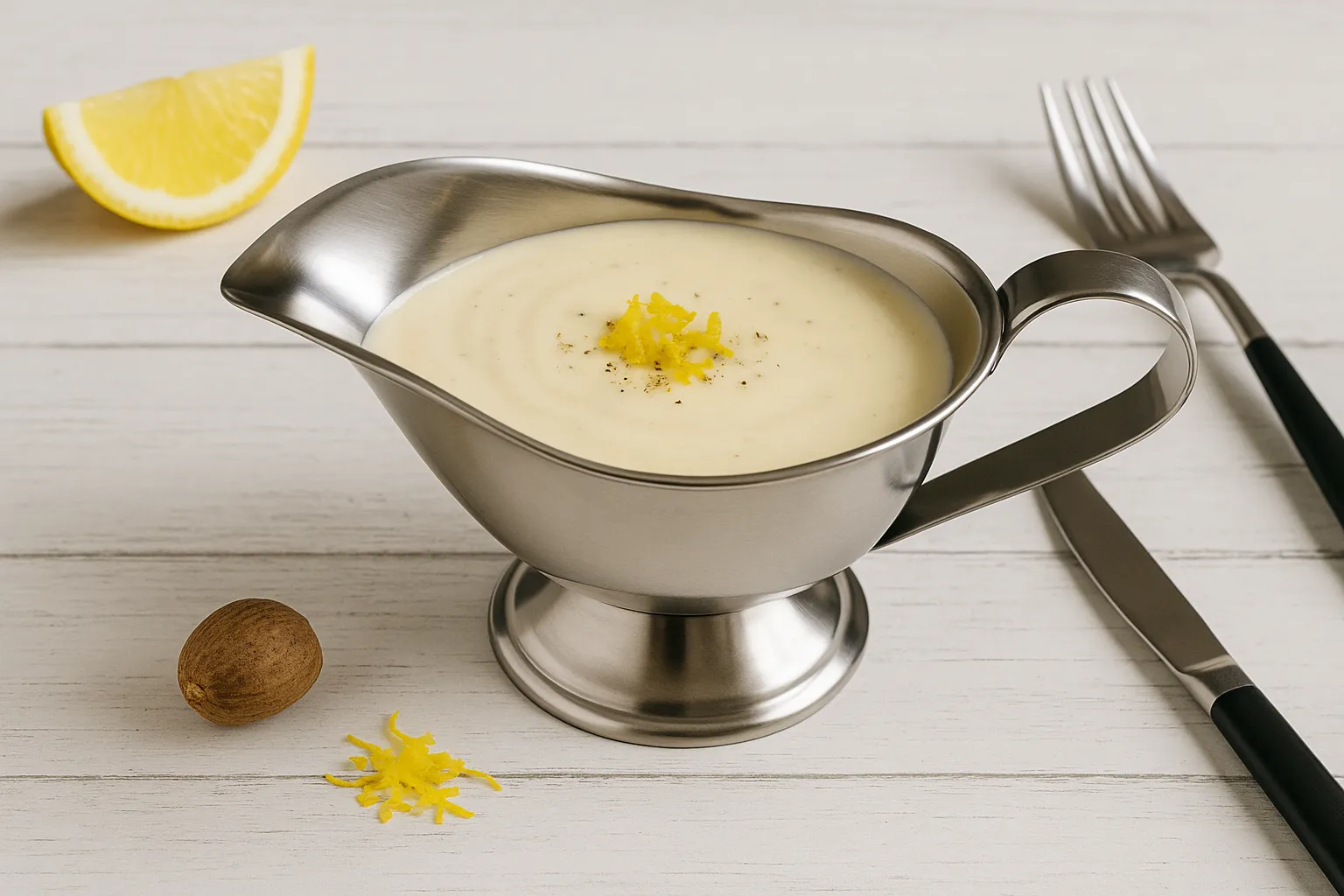 Sahnesoße mit Sahne, Eigelb und Gewürzen in einer glänzenden Edelstahlsauciere serviert