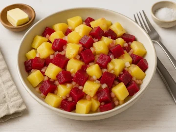 Salat Lorett mit Kartoffelwürfeln, roten Rüben und Zwiebeln in einer Schüssel auf hellem Holzhintergrund