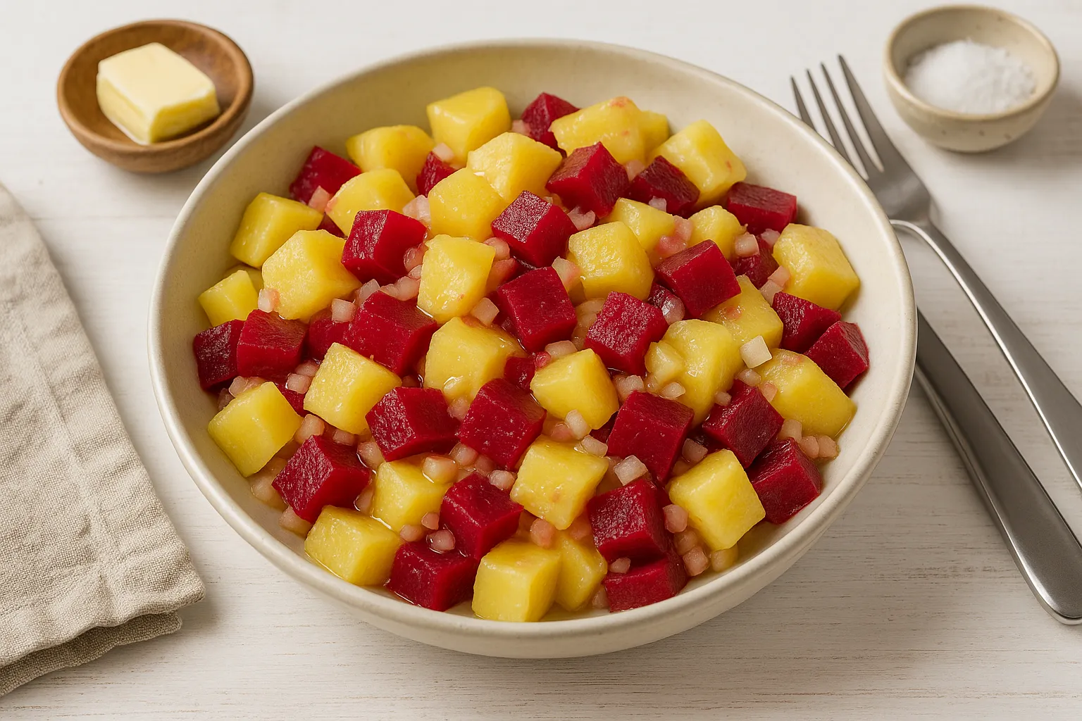 Salat Lorett mit Kartoffelwürfeln, roten Rüben und Zwiebeln in einer Schüssel auf hellem Holzhintergrund