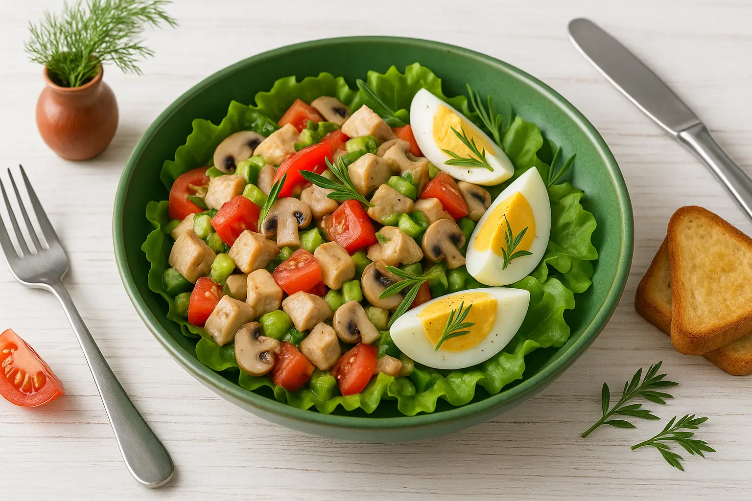  Grüne Schale mit Salat „Oxford“ aus Broilerfleisch, Tomaten, Gurke, Champignons, Ei und frischen Kräutern auf weißem Holztisch.