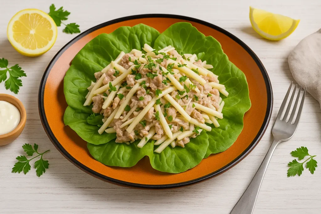  Salat von Dorschleber mit Sellerie und Apfel, angerichtet auf Kopfsalatblättern, serviert auf rustikalem DDR-Teller mit Deko.