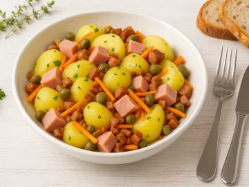 Kartoffelsalat aus neuen Kartoffeln mit Jagdwurst, Speck, Kapern und Gemüse in einer weißen Schüssel auf Holzuntergrund