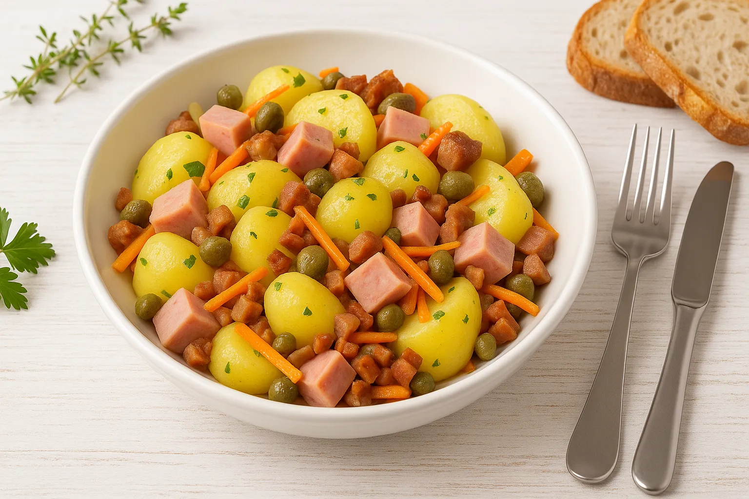 Kartoffelsalat aus neuen Kartoffeln mit Jagdwurst, Speck, Kapern und Gemüse in einer weißen Schüssel auf Holzuntergrund