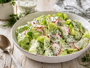 Frischer Blattsalat mit Radieschen und cremiger Kräutersoße in weißer Schüssel auf Holztisch
