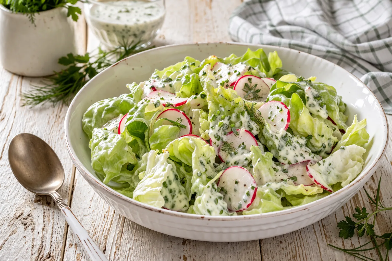 Frischer Blattsalat mit Radieschen und cremiger Kräutersoße in weißer Schüssel auf Holztisch