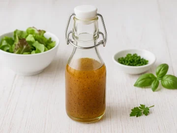 Salatsoße auf Vorrat in einer Glasflasche mit Essig, Öl und Gewürzen, serviert auf Holztisch