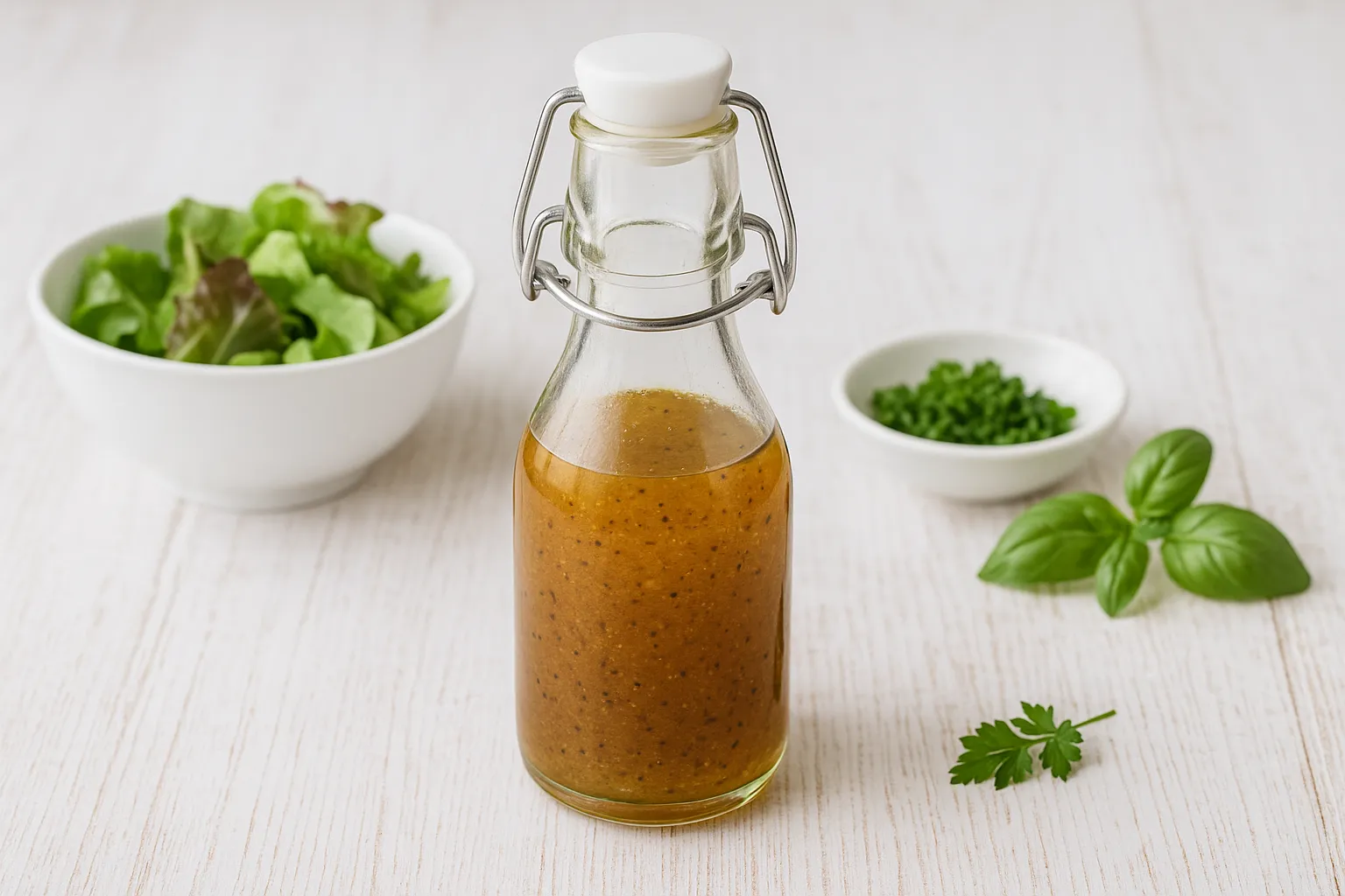 Salatsoße auf Vorrat in einer Glasflasche mit Essig, Öl und Gewürzen, serviert auf Holztisch