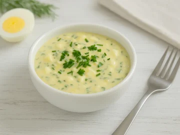 Salatsoße mit Ei, Senf und Kräutern in einer weißen Schüssel serviert