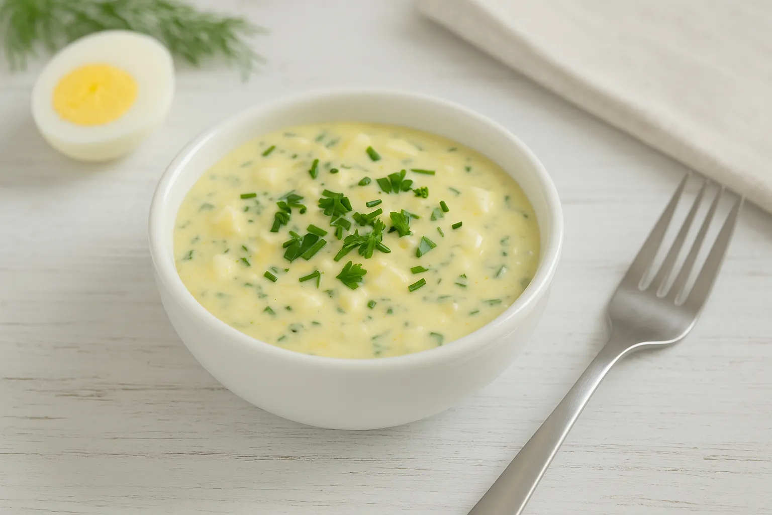 Salatsoße mit Ei, Senf und Kräutern in einer weißen Schüssel serviert