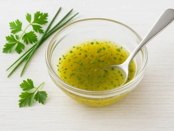 Salatsoße mit Öl, Essig und Kräutern in einer kleinen Glasschale serviert