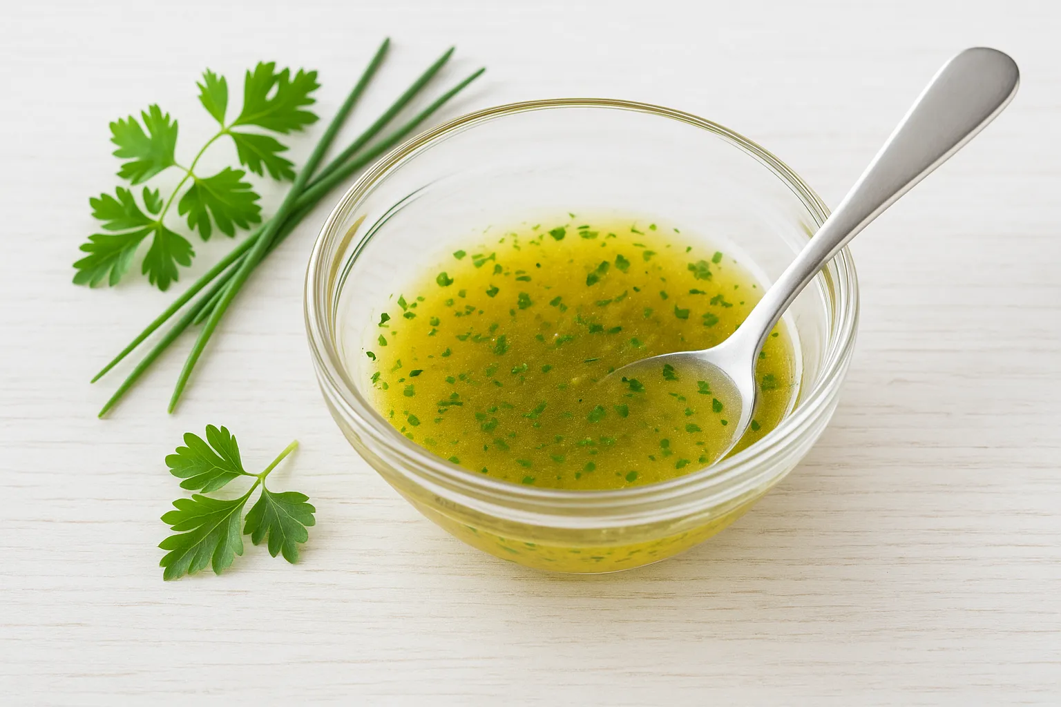Salatsoße mit Öl, Essig und Kräutern in einer kleinen Glasschale serviert