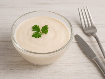 Cremige Salatsoße mit Sahne, Essig und Paprika in einer Glasschale serviert