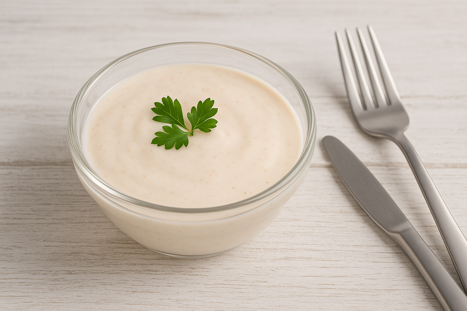 Cremige Salatsoße mit Sahne, Essig und Paprika in einer Glasschale serviert