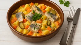 Saßnitzer Herings-Kartoffel-Topf mit Kartoffeln, Möhren, Heringen und Petersilie in rustikaler Schüssel