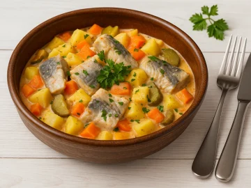 Saßnitzer Herings-Kartoffel-Topf mit Kartoffeln, Möhren, Heringen und Petersilie in rustikaler Schüssel