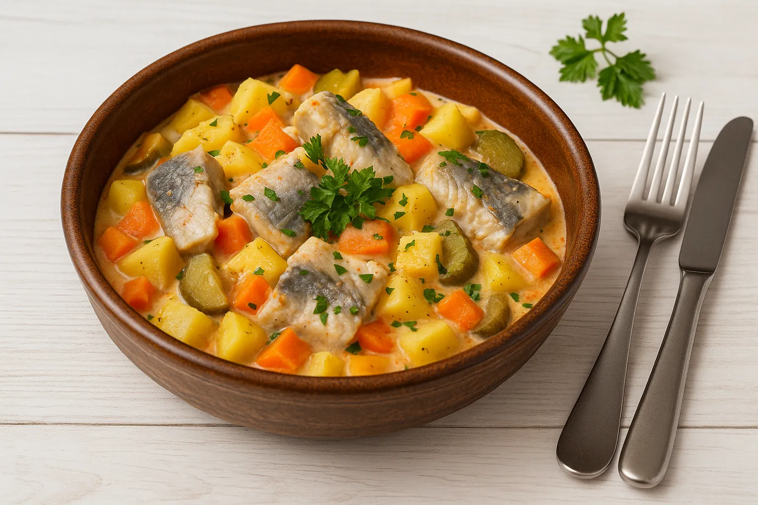 Saßnitzer Herings-Kartoffel-Topf mit Kartoffeln, Möhren, Heringen und Petersilie in rustikaler Schüssel