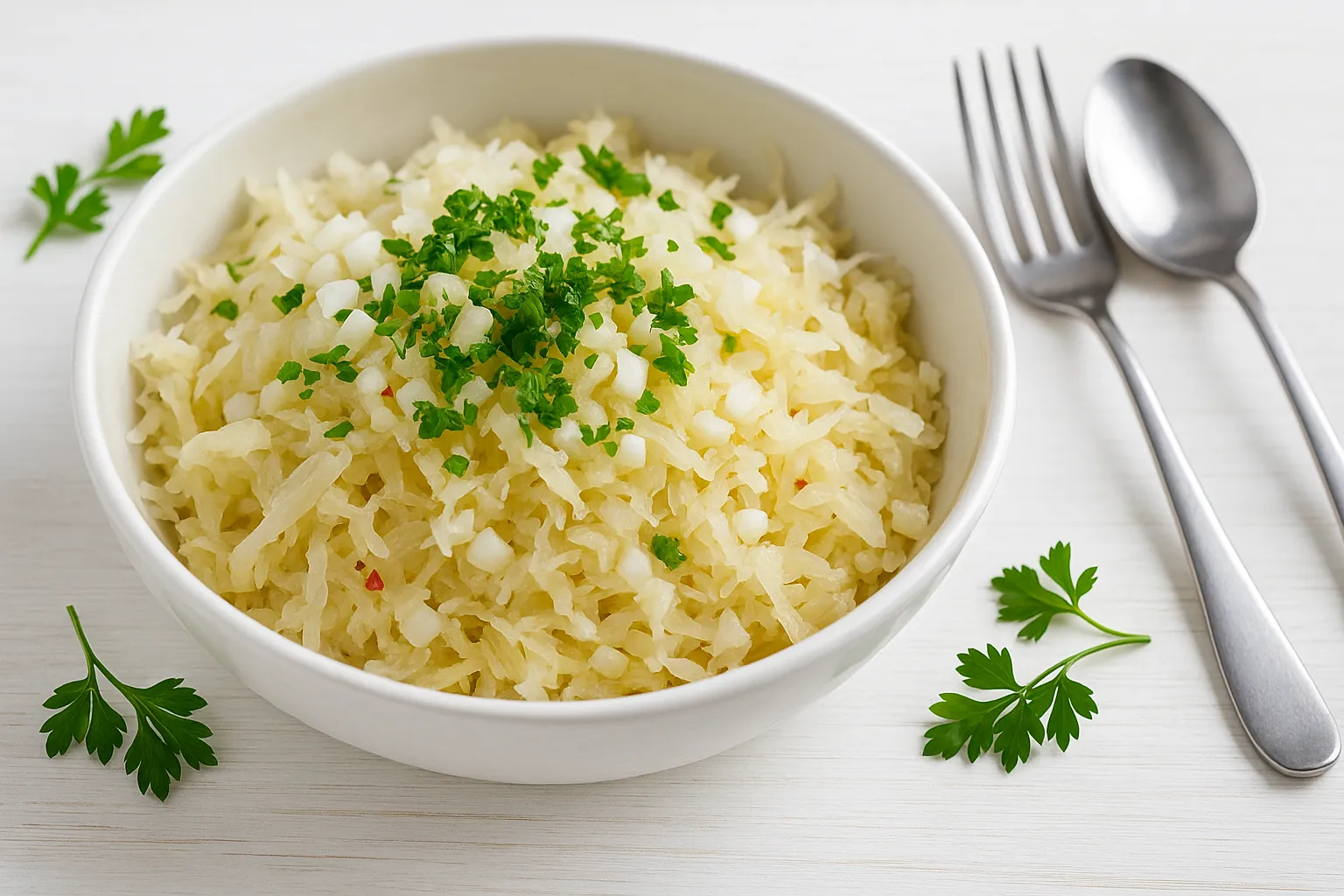 Sauerkohlsalat mit Apfelraspeln, Zwiebeln und frischer Petersilie in Schüssel auf weißem Holztisch