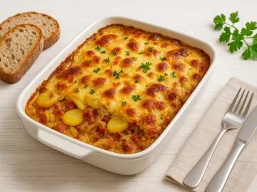 Sauerkrautauflauf mit Kartoffeln, Speck und Käse goldbraun überbacken in rustikaler Auflaufform serviert