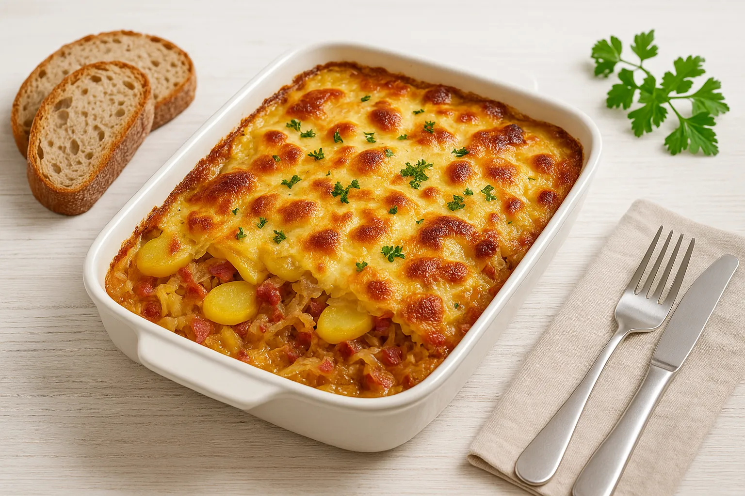 Sauerkrautauflauf mit Kartoffeln, Speck und Käse goldbraun überbacken in rustikaler Auflaufform serviert