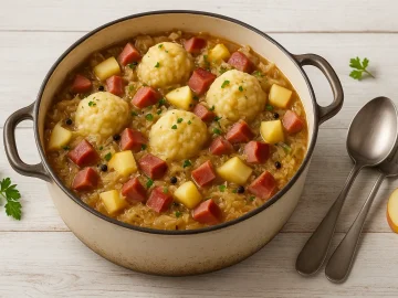 Deftiger Sauerkrauteintopf mit Sauerkraut, Schinkenspeck, Äpfeln und Kloßmehlnocken im großen rustikalen Topf auf weißem Holzhintergrund