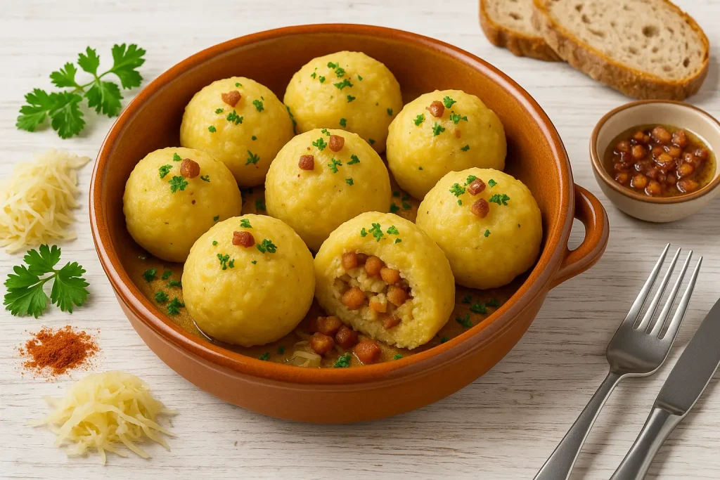 Sauerkrautklöße mit Speck-Brot-Füllung in einer bunten Schüssel auf weißem Holztisch, dekoriert mit frischem Sauerkraut und Petersilie.