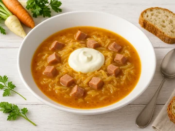 Sauerkrautsuppe mit Fleischwürfeln und Sauerkraut in weißem tiefen Teller, serviert auf weißem Holztisch mit Brot, Löffel und Suppengrün