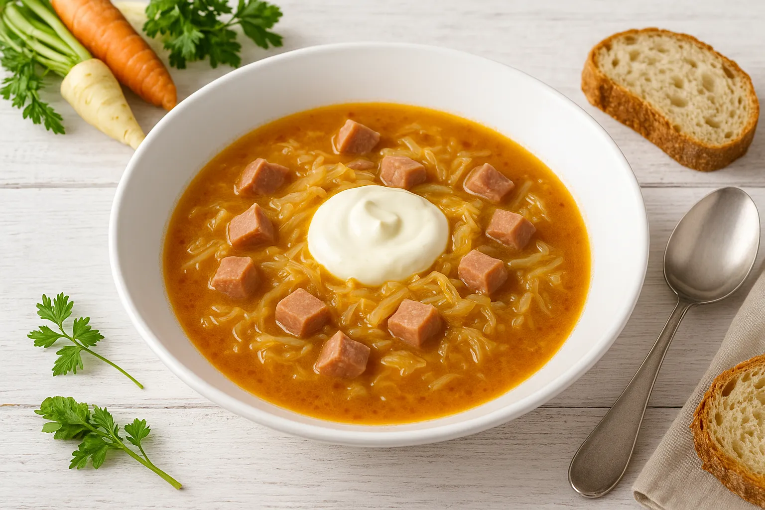 Sauerkrautsuppe mit Fleischwürfeln und Sauerkraut in weißem tiefen Teller, serviert auf weißem Holztisch mit Brot, Löffel und Suppengrün