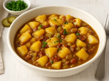 Saure Kartoffelstücke mit Kartoffelwürfeln, Gurken und Speck in Schüssel auf weißem Holzhintergrund