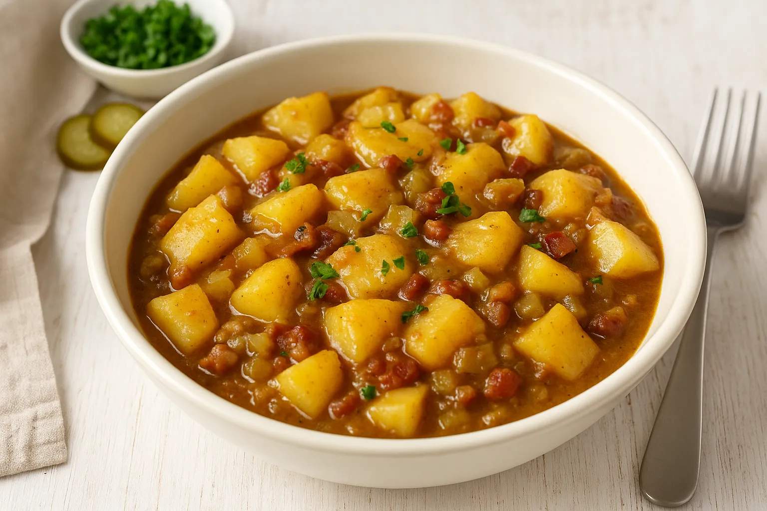 Saure Kartoffelstücke mit Kartoffelwürfeln, Gurken und Speck in Schüssel auf weißem Holzhintergrund