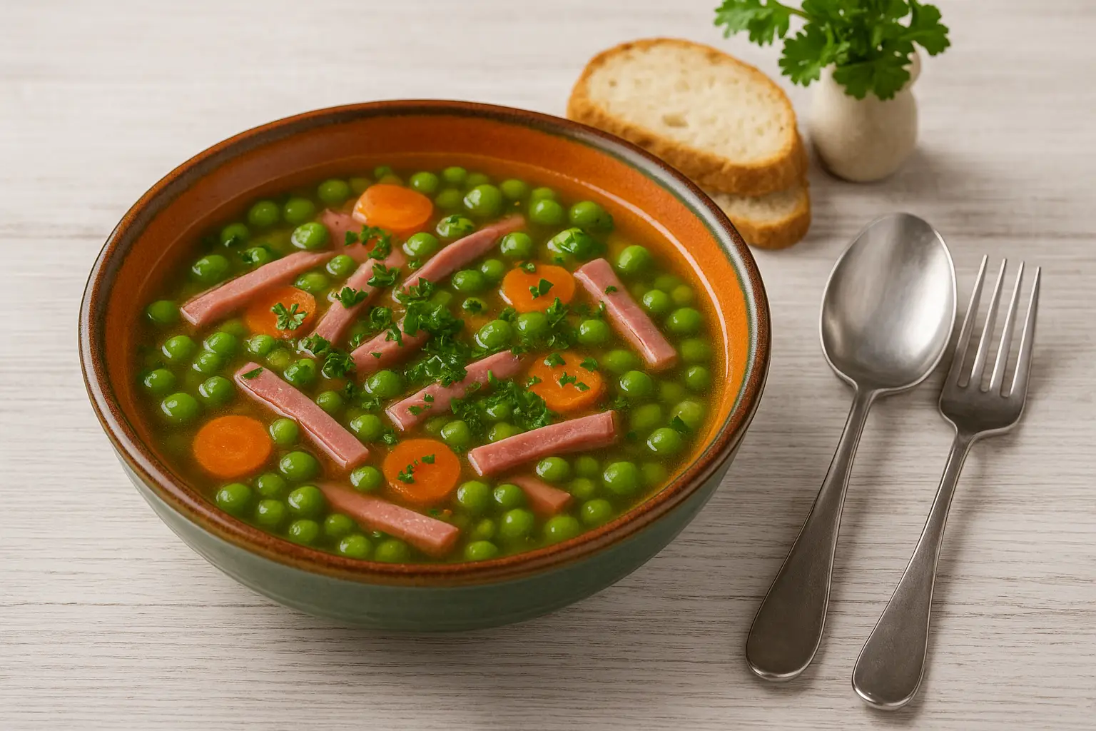  Breite Schüssel mit Schinkensuppe, Schinken, Erbsen, Karotten und Petersilie, serviert mit Brot auf weißem Holztisch.