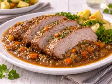 Weiße Servierplatte mit Scheiben vom Schmorbraten, kräftiger Wein-Gemüsesoße und Kräuterdeko auf weißem Holzhintergrund