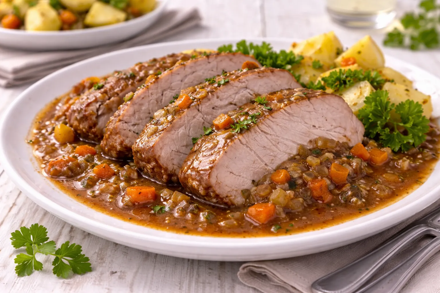 Weiße Servierplatte mit Scheiben vom Schmorbraten, kräftiger Wein-Gemüsesoße und Kräuterdeko auf weißem Holzhintergrund