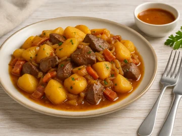 Schmorkartoffeln mit Leber und Speck auf rustikalem Teller, angerichtet mit Gemüse und Soße