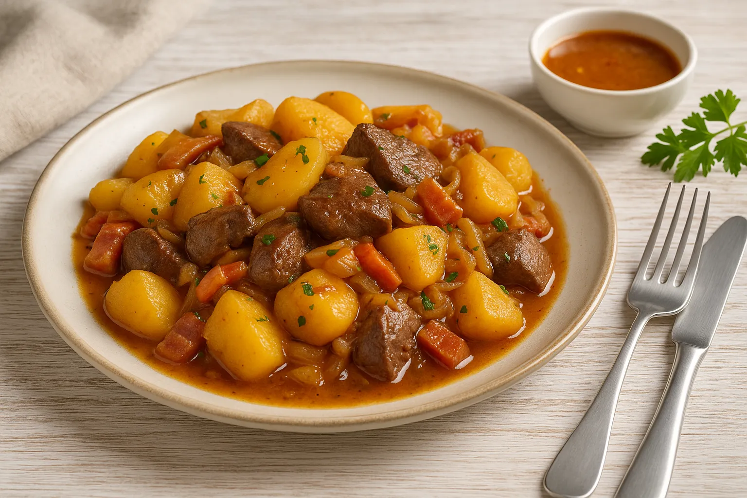 Schmorkartoffeln mit Leber und Speck auf rustikalem Teller, angerichtet mit Gemüse und Soße