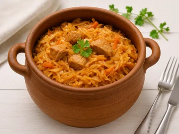 Rustikaler Tontopf mit Schmorkraut aus Weißkohl, Schweinefleisch, Zwiebeln und Möhren auf hellem Holztisch