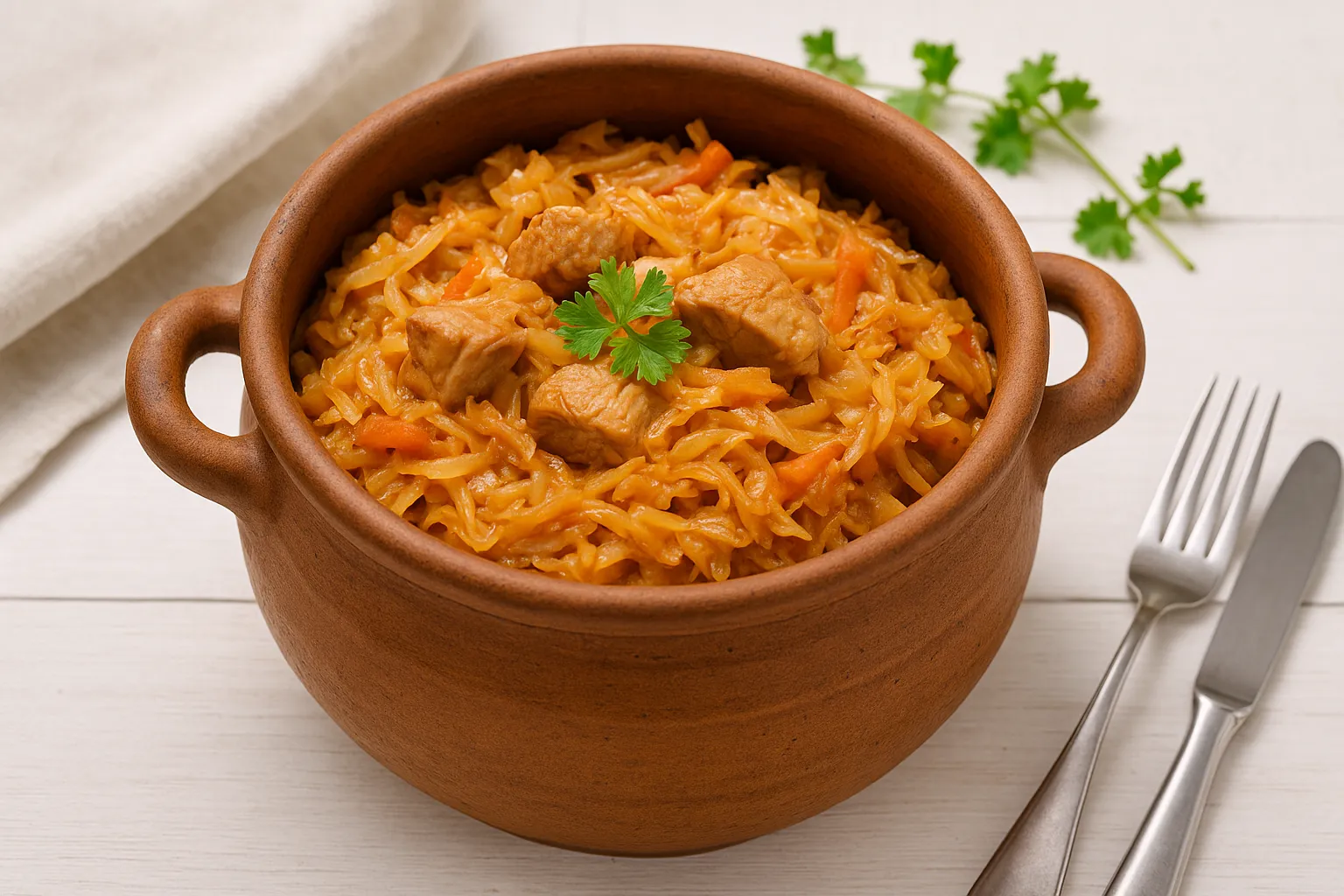 Rustikaler Tontopf mit Schmorkraut aus Weißkohl, Schweinefleisch, Zwiebeln und Möhren auf hellem Holztisch