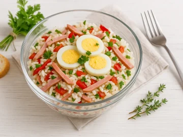 Moderne Glasschüssel mit Reissalat, Jagdwurststreifen, Paprikasalat, Eischeiben und Petersilie auf weißem Holzhintergrund.