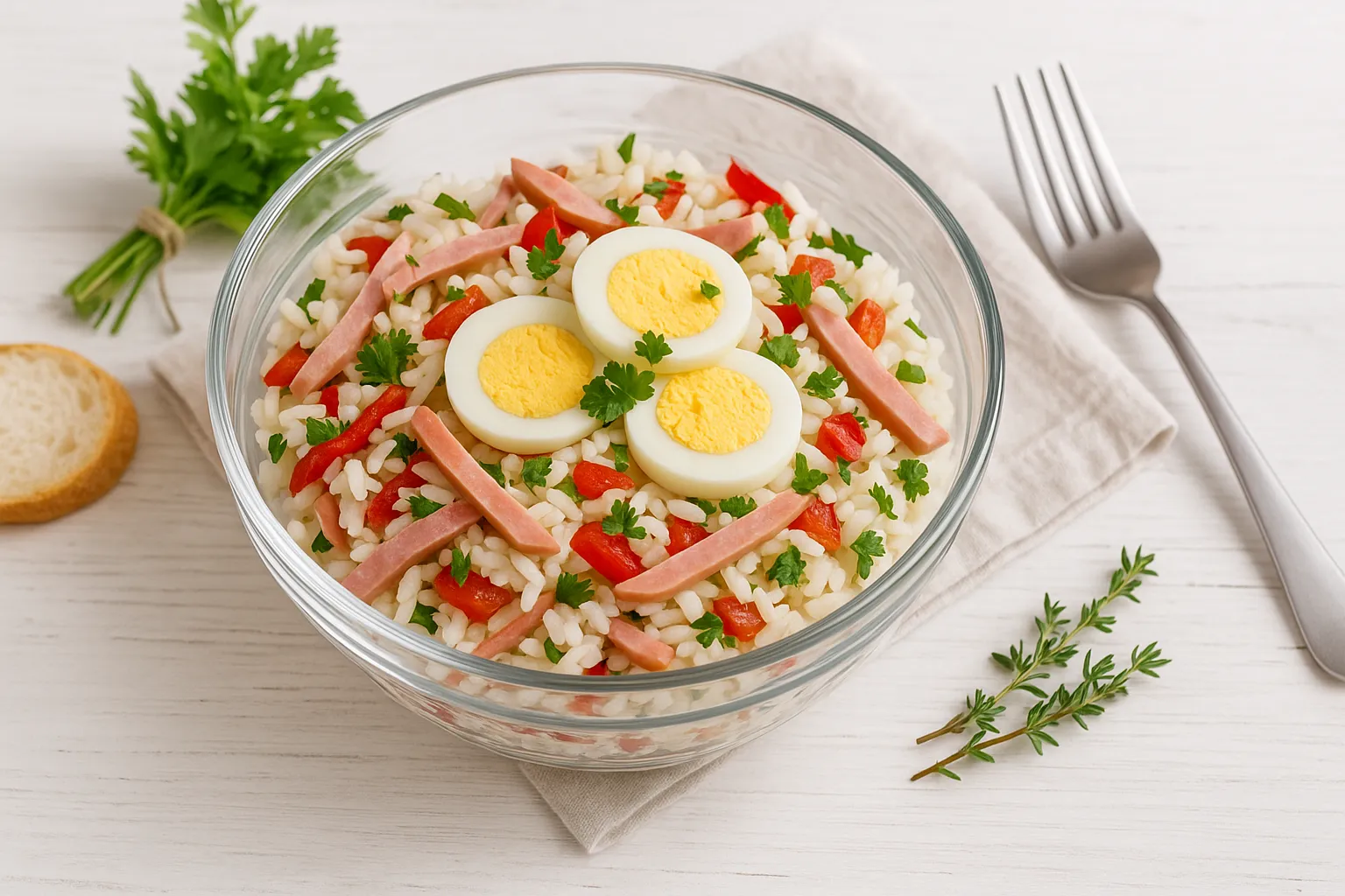 Moderne Glasschüssel mit Reissalat, Jagdwurststreifen, Paprikasalat, Eischeiben und Petersilie auf weißem Holzhintergrund.