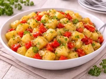 Gedünstete Kartoffelwürfel mit Paprika und Petersilie auf weißem Teller