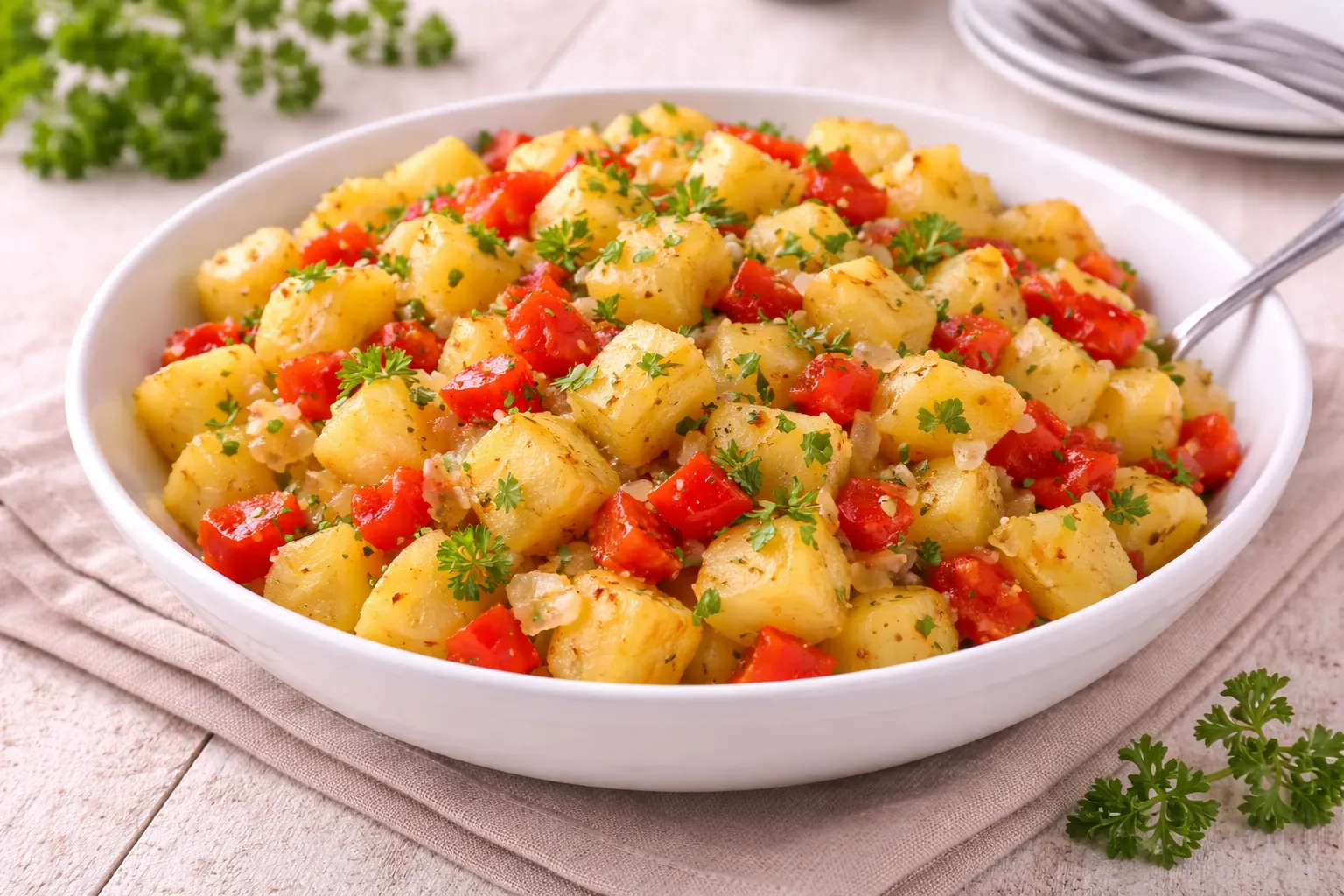 Gedünstete Kartoffelwürfel mit Paprika und Petersilie auf weißem Teller