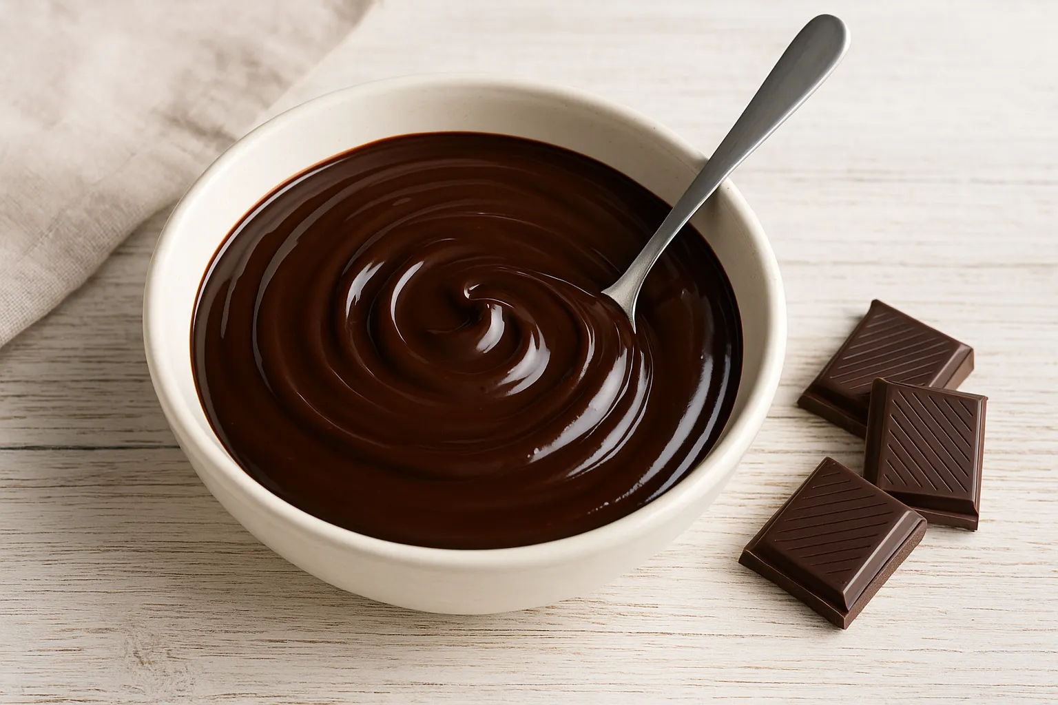 Schokoladenglasur in weißer Schüssel mit Löffel auf hellem Holztisch