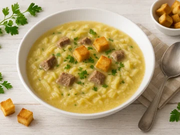 Schottische Kohlsuppe mit Rindfleischstücken, Weißkraut und gerösteten Weißbrotwürfeln in weißem Teller, serviert mit Petersilie und Löffel auf hellem Holztisch