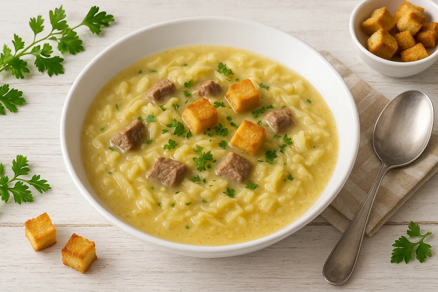 Schottische Kohlsuppe mit Rindfleischstücken, Weißkraut und gerösteten Weißbrotwürfeln in weißem Teller, serviert mit Petersilie und Löffel auf hellem Holztisch